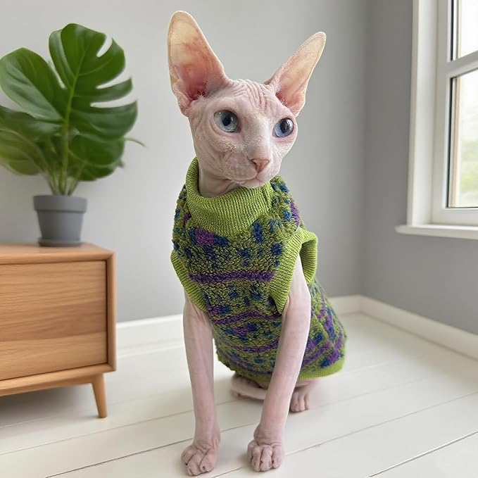 Sphynx Cat Winter Sweater, Warm Soft Fluffy Pet Clothes, for Hairless Cats, Cornish Rex, Devon Rex (Green, S (2.5-3.5 lbs))