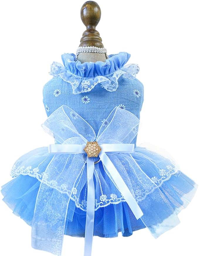 ANIAC Daisy Small Dog Dresses Female with Leash Ring,Bow Knot Girl Puppy Wedding Dress,Valentine's Cat Outfit,Fancy Pet Party Dress for Kitten Chihuahua Yorkie Pomeranian (Blue, Small)