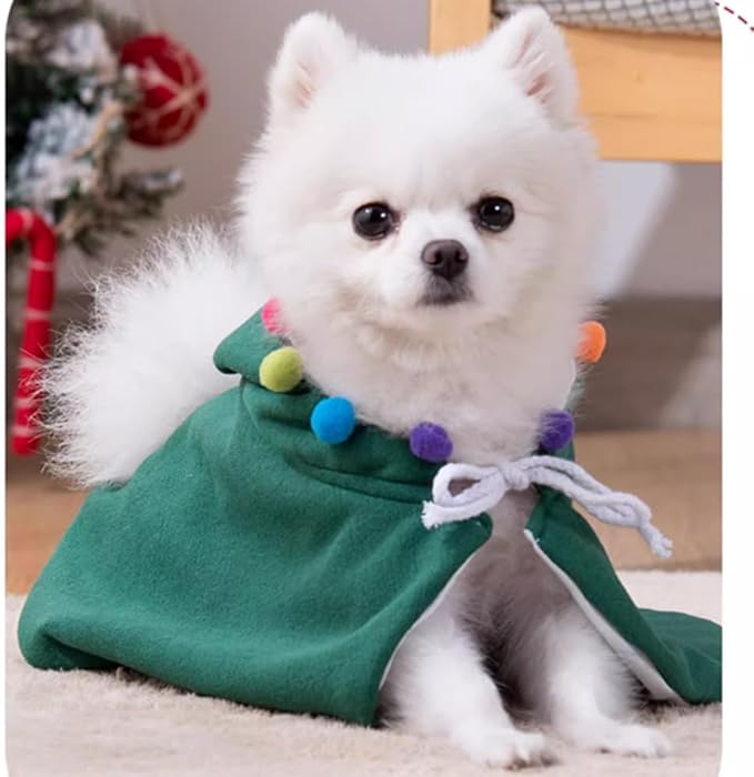ANIAC Pet Dog Christmas Costume Puppy Cloak with Star and Pompoms Cat Santa Cape with Hat Winter Dog Outfit for Cats and Small Dogs (Small, Green)