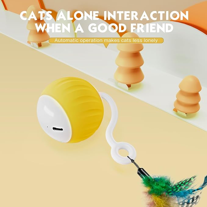 Upgraded Interactive Cat Toys Ball for Indoor Cats - Cat Ball Features Touch and Voice Activation, 2 Speed Settings (Fast and Slow), Interchangeable Tail Attachments for Bored Indoor Cats (Yellow)