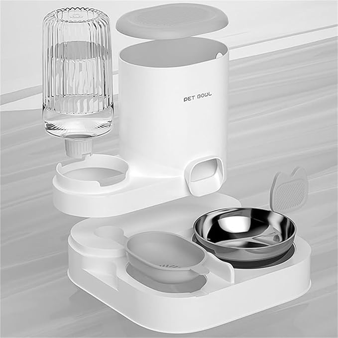 Pet Automatic Feeder 2 in 1 Dog Cat Food Container Water Fountain Large Capacity Stainless Steel Feeding Bowl,for Small Medium Cats Dogs Puppy Kitten