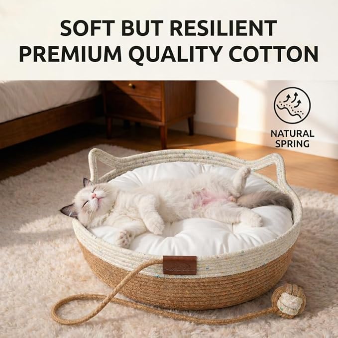 Interactive Cat Bed Basket Handwoven Cotton Rope Stimulicat Cat Basket with Toy Ball, Foldable Scratchable Instinct Basket for Cats & Kittens Stimuli Cat Basket Nest