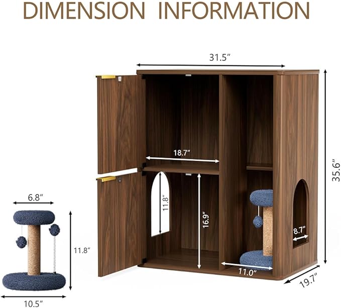 31.5" Cat Litter Box Enclosure Furniture, Fluted Hidden Litter Box Cabinet with Storage Shelf & Scratching Post, Wooden Cat House Side Table with Dual Entry Doors for Indoor Cats, Natural,Walnut