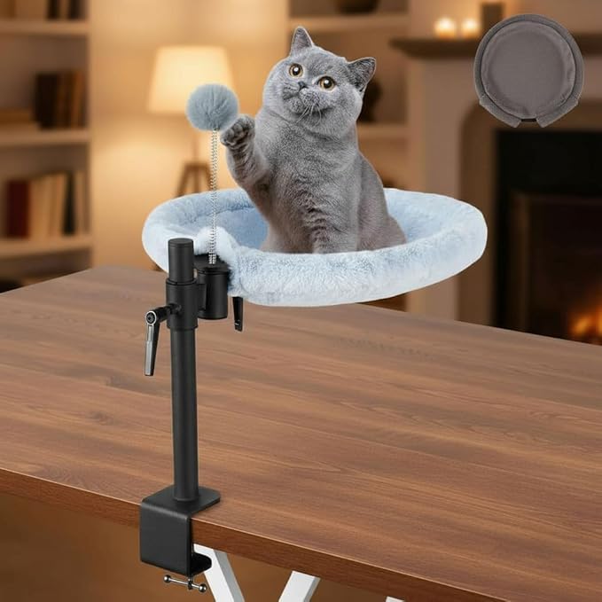 Odoland Cat Desk Bed, 360° Rotatable Adjustable Height Cat Hammock Bed for Home Office, Comfortable Soft Desk Kitten Nest with 2 Washable Fabrics for All Seasons