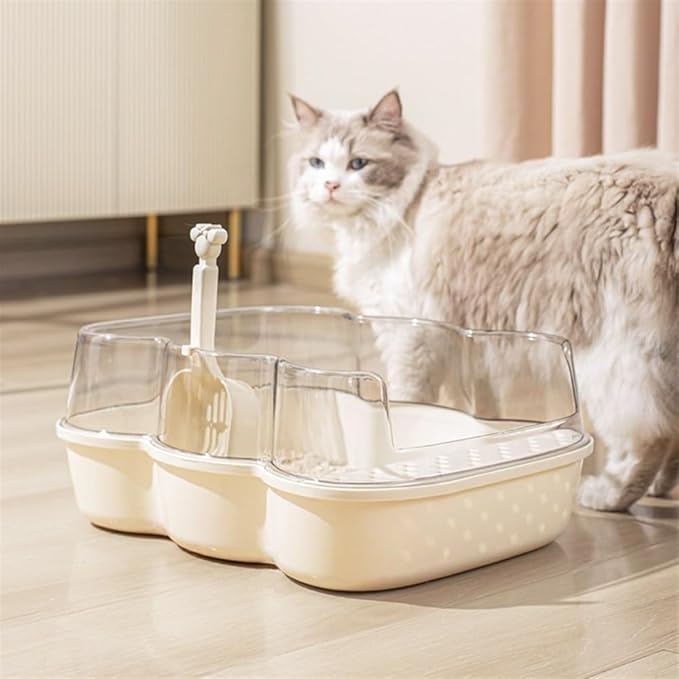 Pet Supplies, Extra Large Semi-Closed Cat Litter Box with Clear Flap & Scoop, Anti-Splash(Beige)