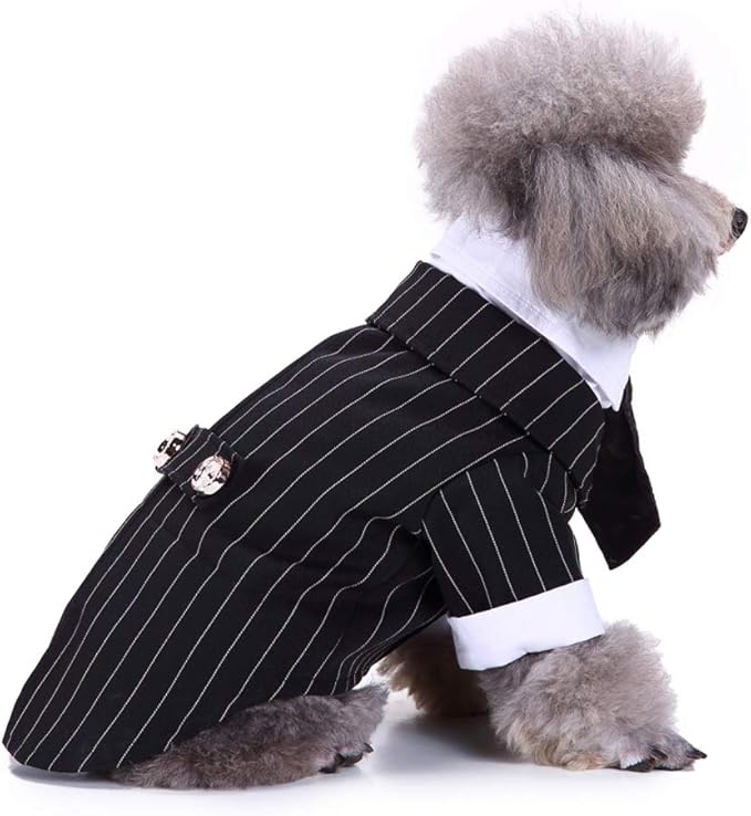 GabeFish Pets Wedding Jackets Suit for Dogs with Bow Tie Puppy Cat Formal Clothes Shirt Tuxedo (Striped, S (Chest 12.9in/33cm)