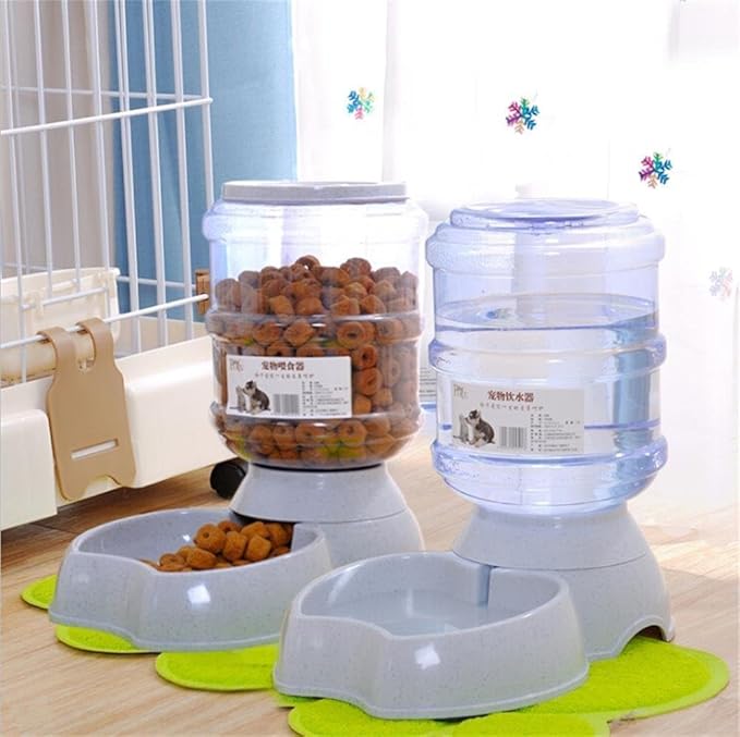 Automatic Dog Cat Feeder and Water Dispenser Gravity Feeder Set, with Pet Food Bowl for Small Medium Dog Puppy Kitten, Large Capacity 3 Gallon x 2