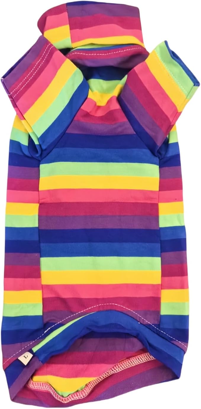 Vintage Stripes Sphynx Hairless Cats Shirt Cotton Cat Turtleneck Pet Clothes Kitten T-Shirts with Sleeves for Sphynx Cornish Rex, Devon Rex, Peterbald (Rainbow Stripe, X-Small (Pack of 1))