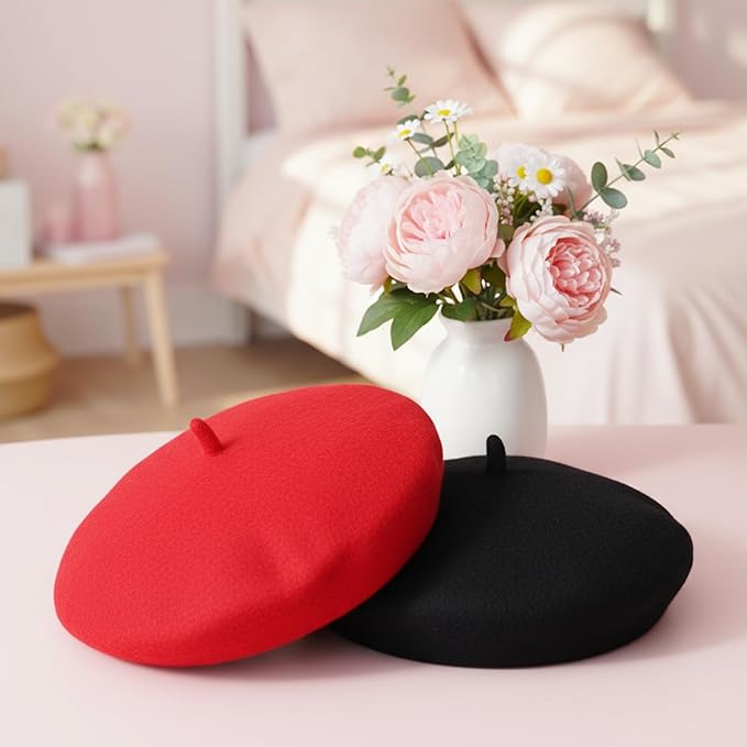 2 PCS Dog Beret Cat Beret Dog French Hat Fedora Artist Pet Costume Berets for Small Dogs Cat Photo Props for Pets (Black, Red)