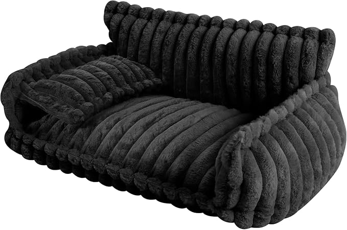 Plush Pet Couch Bed for Cats & Dogs, Removable Machine Washable Cover Fluffy Pet Sofa with Pillow, Non-Slip Cat Dog Bed Large Size, Modern Pet Furniture (Grey)