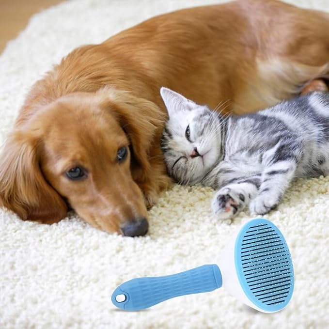 Pet Dog Hair Brush for Shedding Indoor Kitten Comb Grooming And Care Slicker Brush Stainless Steel,Cat Hair Brush for Long Hair Removal,Self Cleaning Rabbit Puppy Dogs Grooming Massaging Tool (Blue)