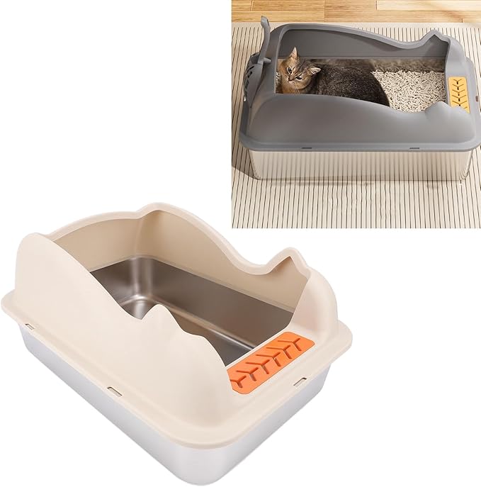 Large Stainless Steel Cat Litter Box with Lid | Easy to Clean, Anti Splash Design, High Sides for Less Mess (Khaki)
