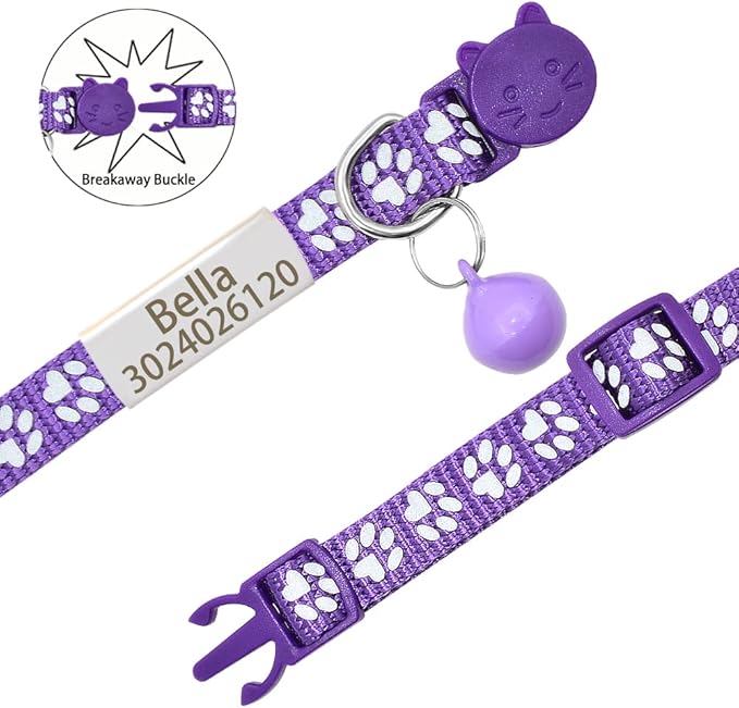 Personalized 2 Pack Reflective Cat Collar,Custom Breakaway Cat Collars with Name Tag and Bell,Anti-Lost Nameplate Cat Collar for Girls & Boys (Purple,fit 8''-11.0'')