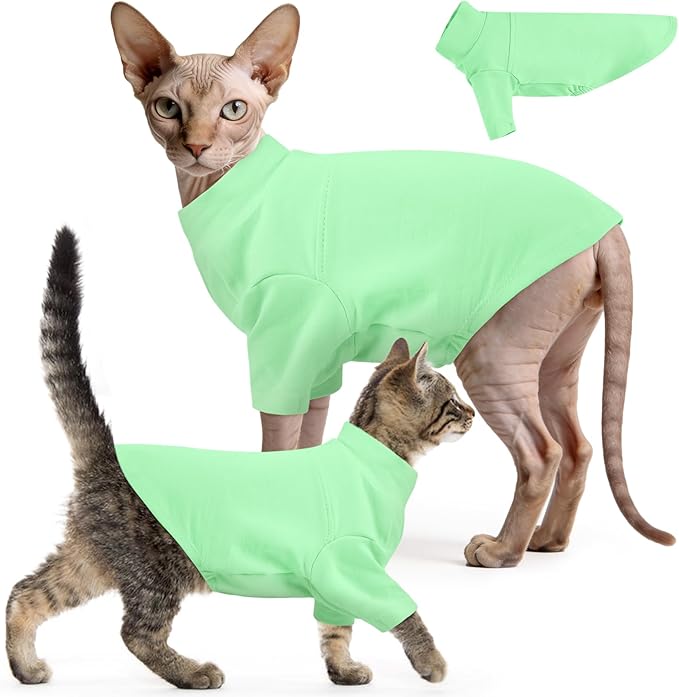 Sphynx Hairless Cat Clothes, Soft Cotton Pullover Turtleneck Shirt with Sleeves for Kitten Puppy Small Dogs, Cat Pajamas for All-Season - Green XS