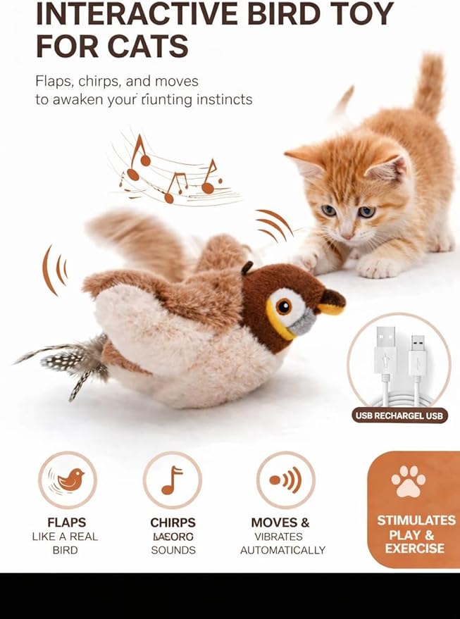 Cat Toy, Plush Bird with Sound and Motion, USB Rechargeable, Soft Washable Cover, Brown and White no Flying
