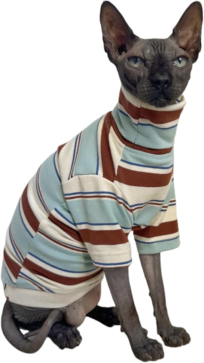 Vintage Stripes Sphynx Hairless Cats Shirt Cotton Cat Turtleneck Pet Clothes Kitten T-Shirts with Sleeves for Sphynx Cornish Rex, Devon Rex, Peterbald (Mint Brown, Small (Pack of 1))