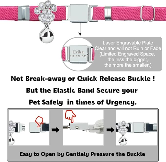 Personalized Safety Elastic Cat Collars with Bell,Laser Customized Stretch Kitten Collars for Girls Boys Cats-Rose red