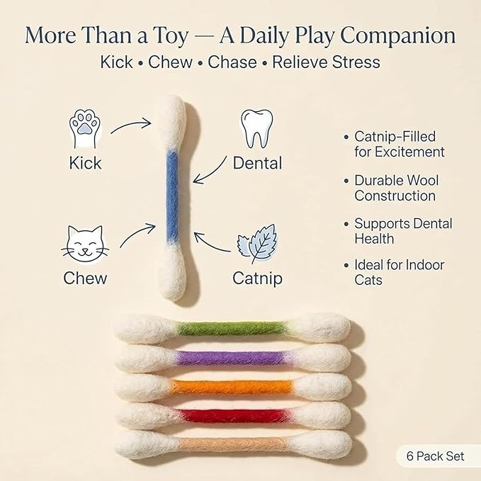 6 PCS Cat Qtip Toy - Cotton Swab Cat Toy with Catnip - Cat Chew Toys for Indoor Cats - Giant Kitten Chew Sticks (Multicolor)