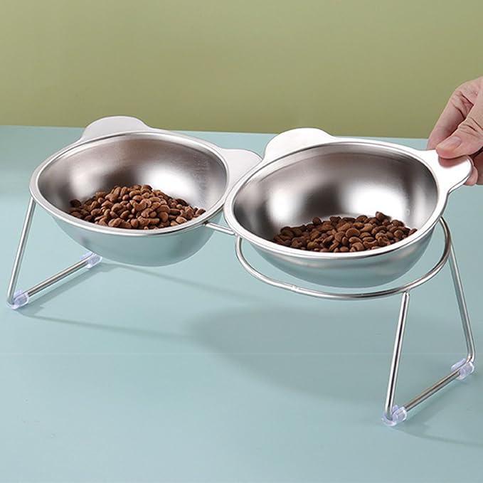 Elevated Cat Bowl, Detachable Stainless Steel Raised Pet Feeder with 15 Degree Tilt Angle Nonslip Feet for Cats Small Dogs (9334 Cartoon Double Bowl)