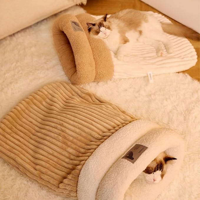 Winter Warming Cat Sleeping Bag，Soft Plush Sleeping Bag for Indoor Cats，Cozy Pet Nest for Cats and Dogs, Portable Calming Pet Nests，Cat Cave Bed Self Warming Bed, Pet Hideway (Large,B-Beige)