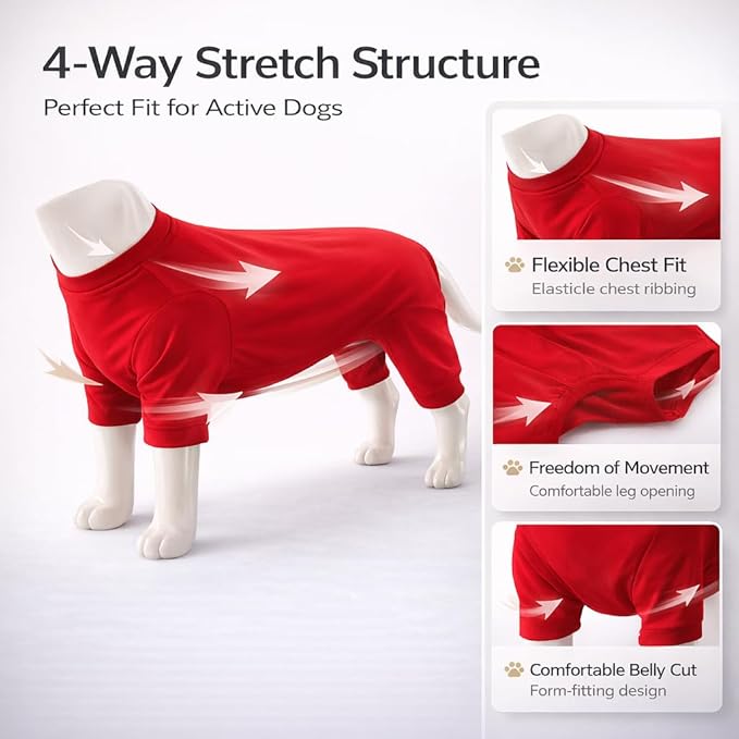 Lovelonglong Dog Full Bodysuit – Stretchy Yoga Fabric 4-Leg Dog Pajamas, Breathable & Lightweight Dog Onesie for Indoor & Outdoor, Shedding Control & Travel Wear