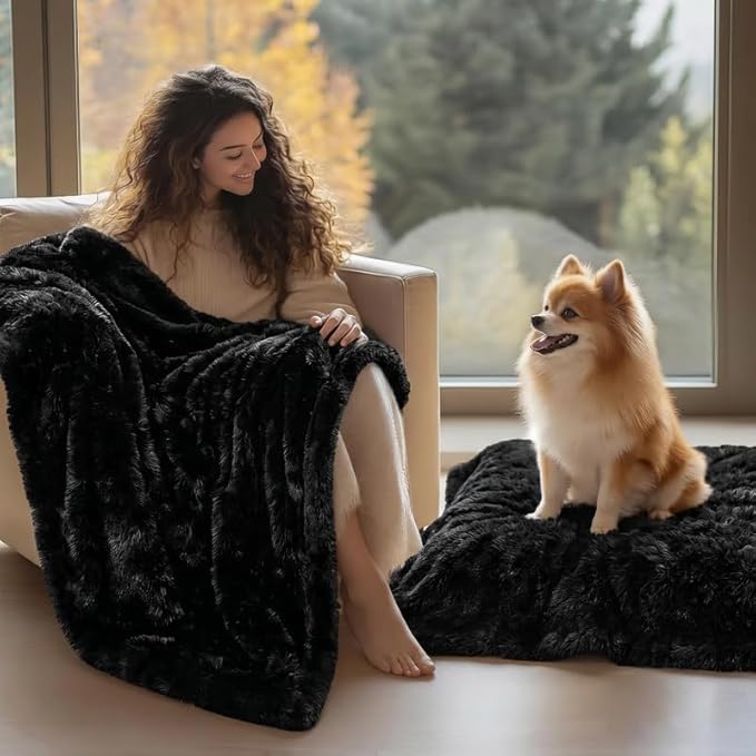 Fluffy Long Faux Fur Throw Blankets for Couch Black Calming Pet Blanket for Small Dogs Puppy Warm Sofa Bed Winter Covers(Black,XS-28x20in)