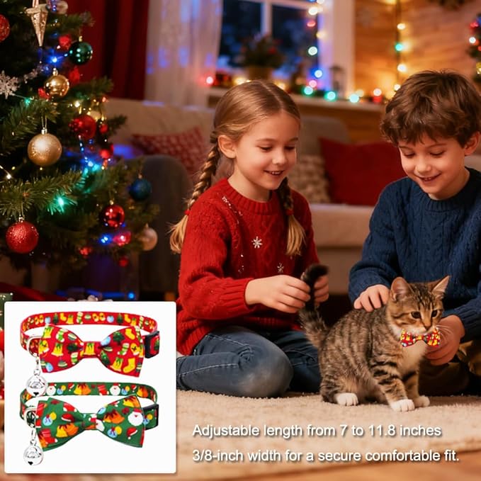 Christmas Cat Collar 2 Pack - Red & Green Breakaway Safety Collars with Bell and Bow Tie for Cats and Kittens