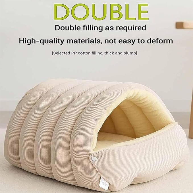 Panmall Cozy Cat Cave Bed, Enclosed Winter Cat House with Removable & Machine Washable Cover, Upgraded Warm Plush Cushion for Indoor Cats & Small Dogs (Beige)