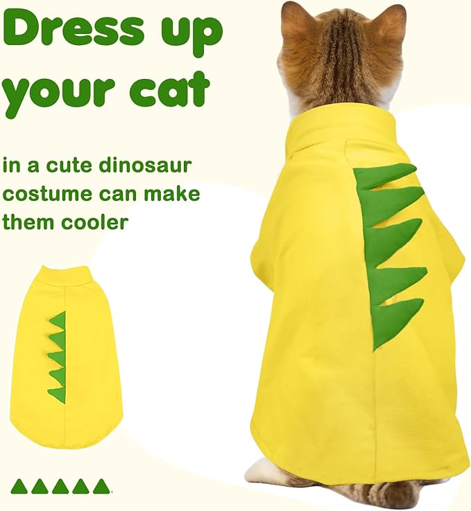 DENTRUN Sphynx Cat Clothes, Cute Dinosaur Design Hairless Cat Costume, Breathable Cotton Shirts Cat Clothes for Cats Only, Round Collar Kitten Daily T-Shirts with Sleeves, Cats Funny Cosplay Apparel