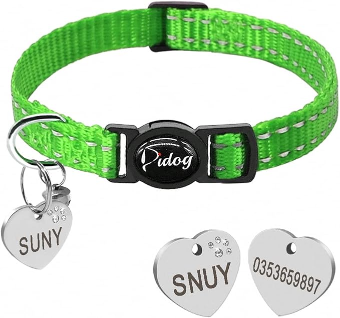 Quick Release Cat Collar Reflective Cat Collars Personalized Puppy Collars for Small Dog Cats Kitten Doggy Green XS