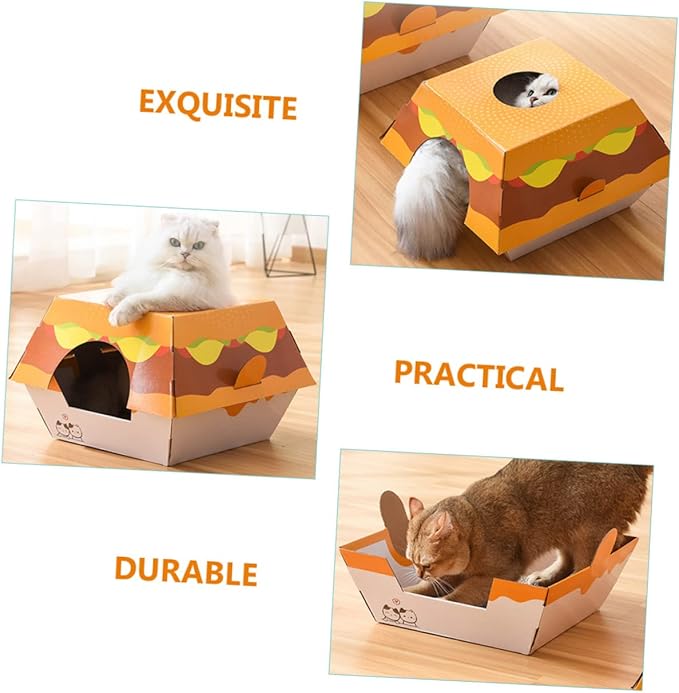 ORFOFE Creative Burger-Shaped Cat Scratching Board Bed Corrugated Cardboard for Play Relaxation Reduces Furniture Damage for Indoor Cats