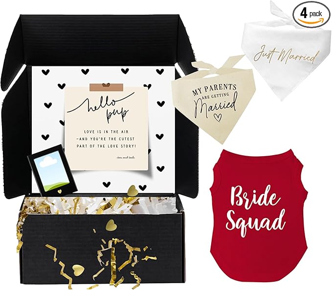 Dog Bridal Wedding Gift Box – 2 Cotton Bandanas (My Parents are Getting Married, Just Married) 1 Bride Squad Dog Tee & Magnetic Photo Frame 2.5" x3,5|Red, Medium 40