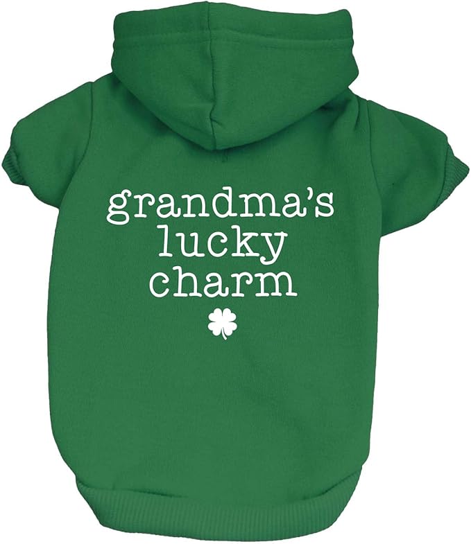 Grandma's Lucky Charm Dog Hoodie | Fleece Lined |Leash Hole| St.Patrick's Day | Lucky | Shamrock | Irish Holiday|Green, X-Small 1204