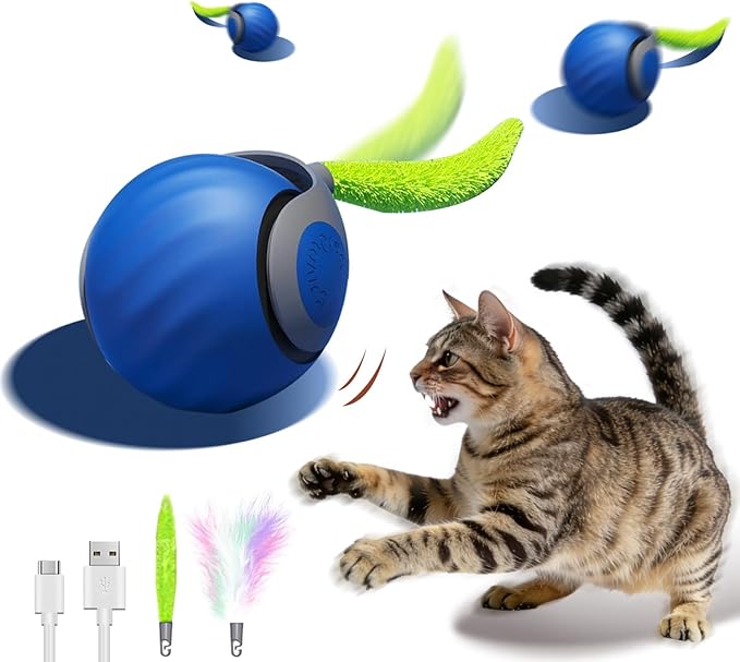 Interactive Cat Toy Ball - Automatic Interactive Cat Toys for Indoor Cats to Keep Them Busy, 2026 New Rechargeable 2 Speeds Enrichment Toys with 2 Tails, Smart Rolling Toy for Small/Medium/Large Cats