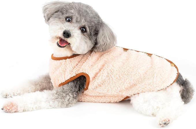 Fleece Small Dog Sweater, Solid Pet Vest with Bear Patch Elastic Soft Outfits Puppy Clothes Warm Fall Winter Apparel for Cat Chihuahua Yorkie,Beige,M