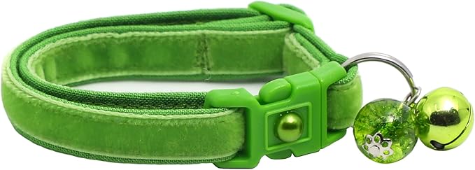 Velvet Cat Collar with Bell | Safety Breakaway Collar | Adjustable Large Size or Kitten Collar (Apple Green, Small(10lbs & Less))