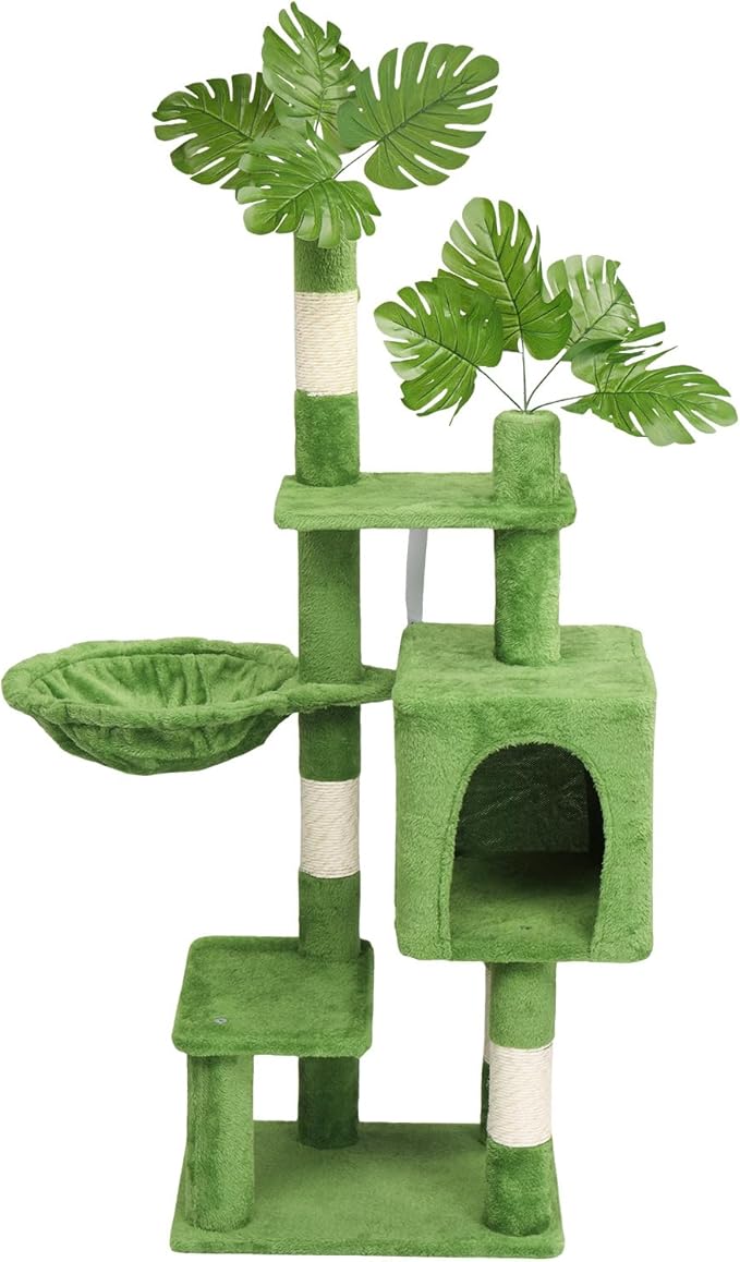 48in High Cat Tree Tower, Cat Tower for Indoor Cats, Include Condo, Hammock, Sisal Scratching Posts, Plush Fabric Wrapped, Tropical Style, Multi-Level Activity Center for Small and Medium Cats, Green