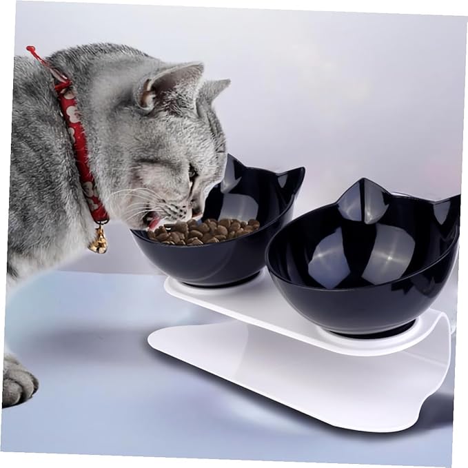Homoyoyo Double Pet Food Bowl with Cat Ear Design, Black Plastic Raised Feeding and Watering Dish, Tilted Neck Protection, Anti-Spill Cat and Dog Bowl for Indoor Use