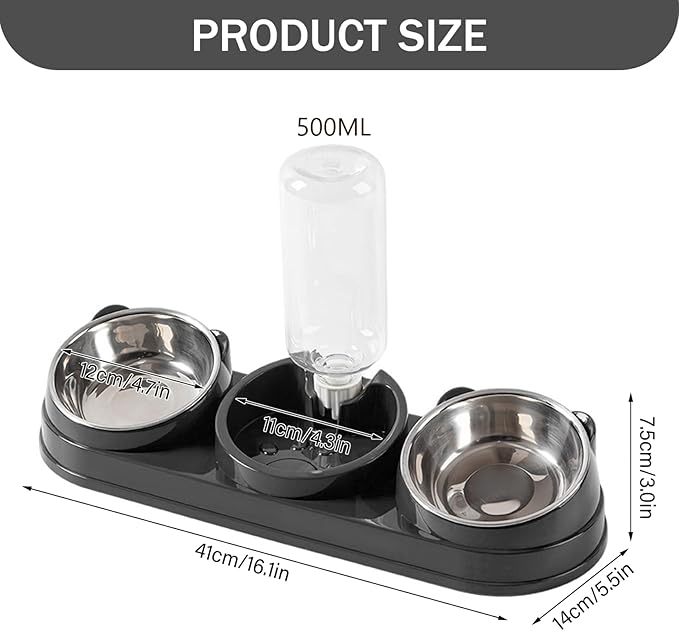 3 Bowl Cat Feeding Station Cat Food and Water Bowl Set, 3 Feeding Station with Automatic Water Dispenser, Elevated Tilted Bowls for Easy Eating, Black