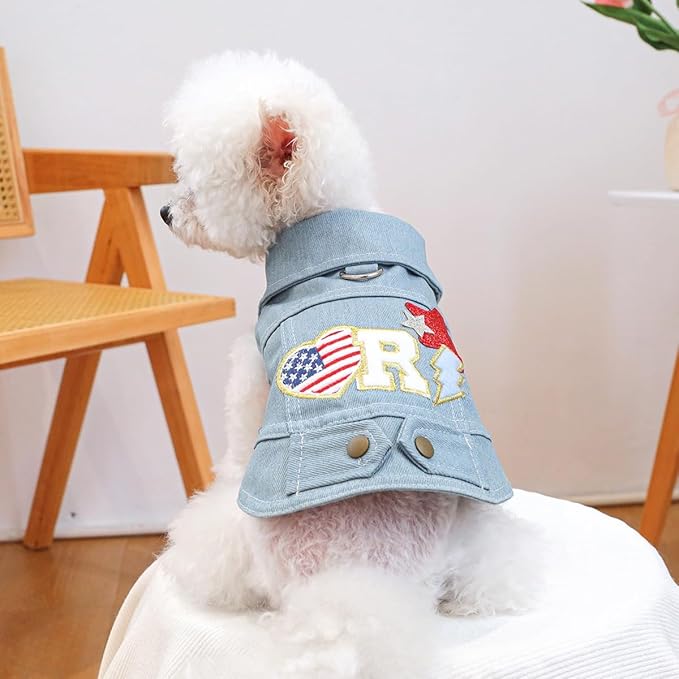 4th of July Dog Denim Vest, Patriotic Dog Outfit with American Flag Patch, Puppy Jacket with D-Ring, Lightweight Clothes for Small Dogs(XS)