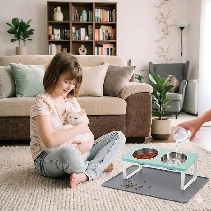 Upgraded Elevated Cat Bowls with Food Mat,15°Tilted Stand Anti Vomiting Raised Cat Dishes for Food and Water,2 Stainless Steel Bowls for Cats and Puppy（Teal）