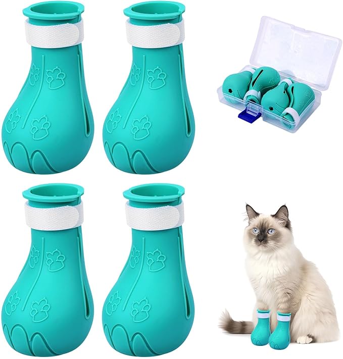 Gosknor 4pcs Cat Feet Covers, Adjustable Anti-Scratch Anti-Bite Silicone Kitten Paw Claw Caps Boots for Nail Trimming Bathing Checking Multifunctional Pet Grooming Protector Products (Blue)