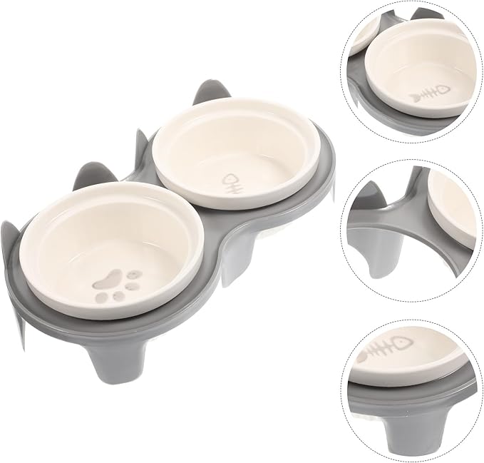 Ceramic Cat Bowl Elevated Double Feeding and Watering Bowls with Thickened Gray Anti-Slip Rack, Tilted Design for Neck Protection, Indoor Pet Supply for Cats