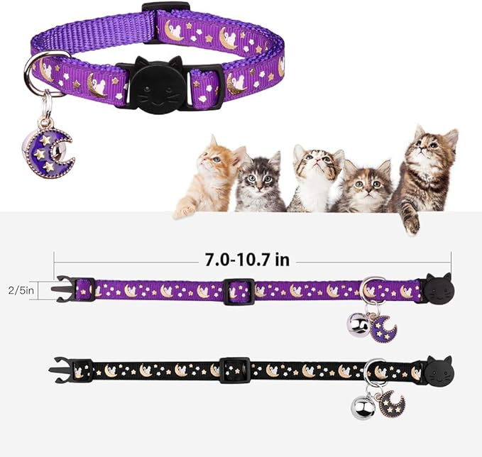 Baeuppit 2Pcs Breakaway Cats Collars Cat Collars for Boy Cats Kitten Collars with Bell & Pendant Glow in The Dark,Black+Purple