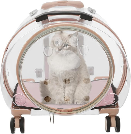 Cat Backpack Carrier, 17.7in Transparent & Fully Breathable Dog/Cat Carrier with Rolling Wheels + Telescopic Handle, Applicable Cat Weight 20 Lbs for Traveling, Taking A Walk. (Pink)