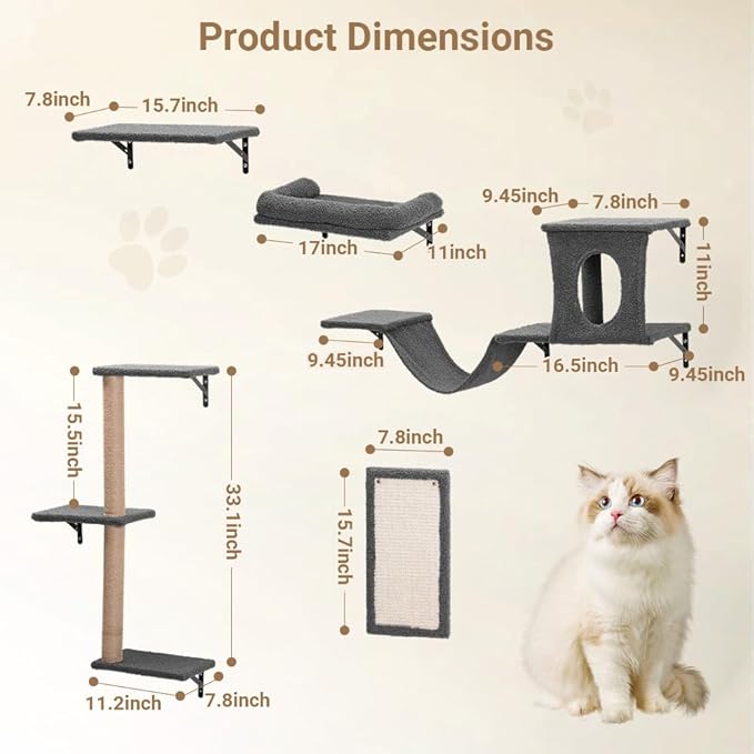 PawGiant Cat Wall Shelves, 5-in-1 Cat Furniture Set, Wooden Cat Climber with Perches, Condo House, Bed, Scratching Post & Board for 16inch Drywall and Solid Wall