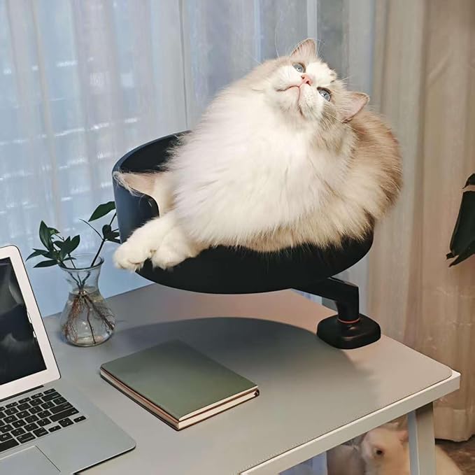 Cat Desk Bed,Solid Wood Cat Bed,360°Rotating Perch，Mat Machine Washable,14.7" Round Pet Bed Space-Saving Design for Office/Home