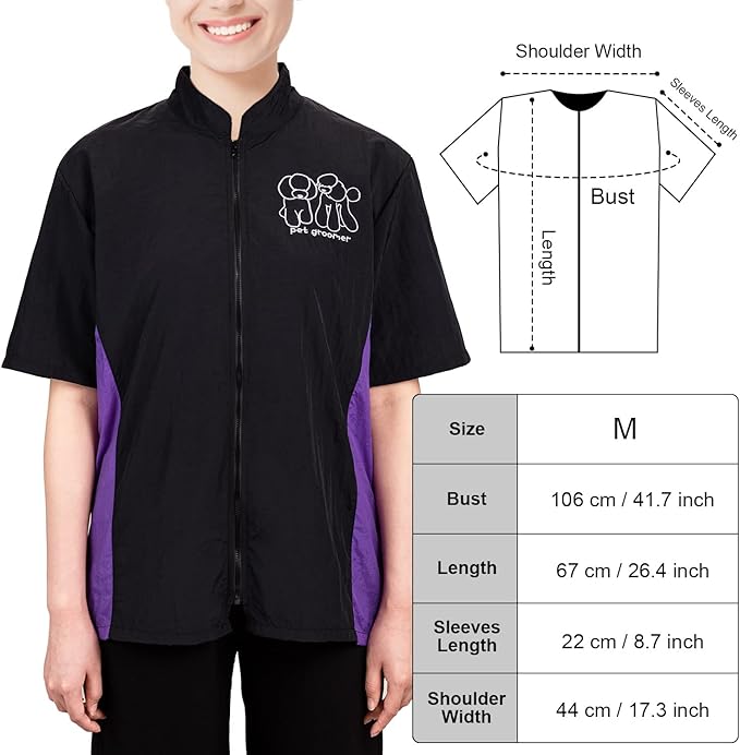 Noverlife Pet Grooming Workwear with Full Zipper, M Size, Anti-Static Pet Beautician Uniforms, Lightweight Hair Repellent Shirt Style Pet Groomer Smock for Dog Cat Grooming Shop