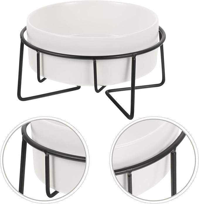 Elevated Cat Food Bowl with Metal Stand, 400ml Ceramic Raised Pet Feeder for Cats and Small Dogs, Non-Slip White Bowl with Black Iron Frame, Suitable for Feeding and Watering