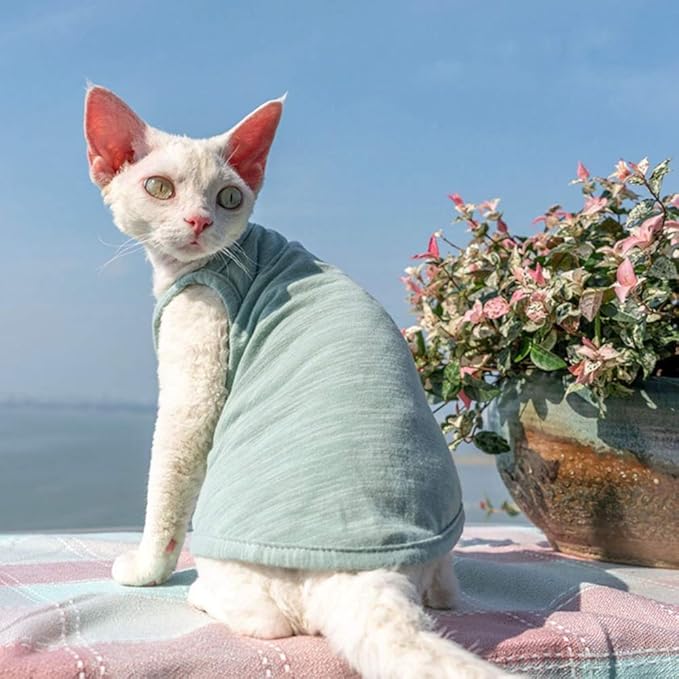 Hairless Cats Solid Cotton Camisole, Breathable Summer Tank Tops for Sphynx, Cornish Rex, Devon Rex, Peterbald, Cat Wear Hairless Cat Clothes Soft Skin-Friendly Cats Apparel Assorted Colors and Sizes